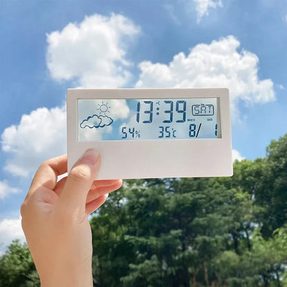 LCD Desktop Alarm Clock with Clear Calendar, Weather Forecast, Digital Temperature, and Humidity Monitoring for Smart Home Integration