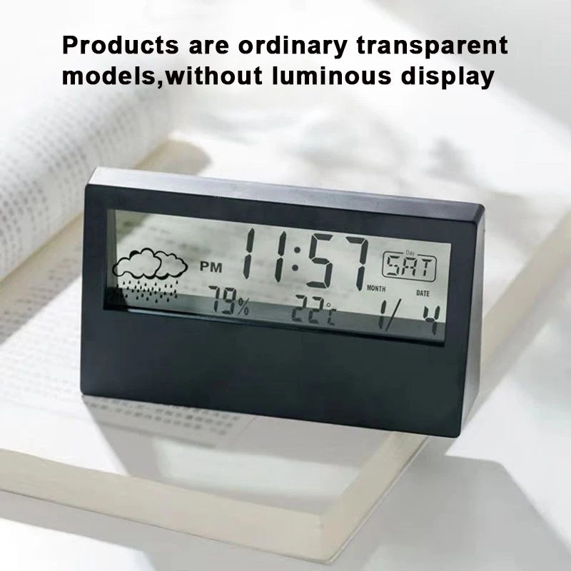 LCD Desktop Alarm Clock with Clear Calendar, Weather Forecast, Digital Temperature, and Humidity Monitoring for Smart Home Integration