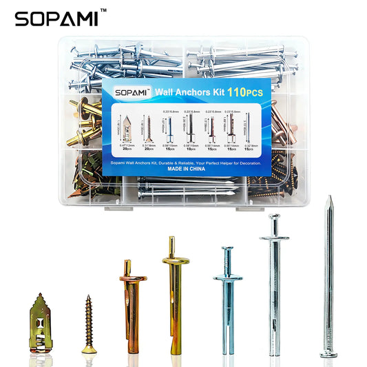 SOPAMI 110-Piece Wall Anchors Kit - Comprehensive Size Selection for Hanging Mirrors, Shelves, and Decor - Durable and Reliable for Home Improvement Tasks