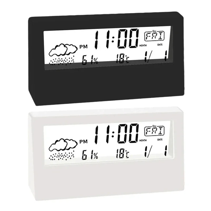 LCD Desktop Alarm Clock with Clear Calendar, Weather Forecast, Digital Temperature, and Humidity Monitoring for Smart Home Integration