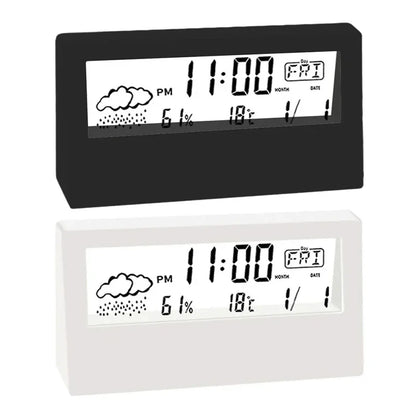 LCD Desktop Alarm Clock with Clear Calendar, Weather Forecast, Digital Temperature, and Humidity Monitoring for Smart Home Integration