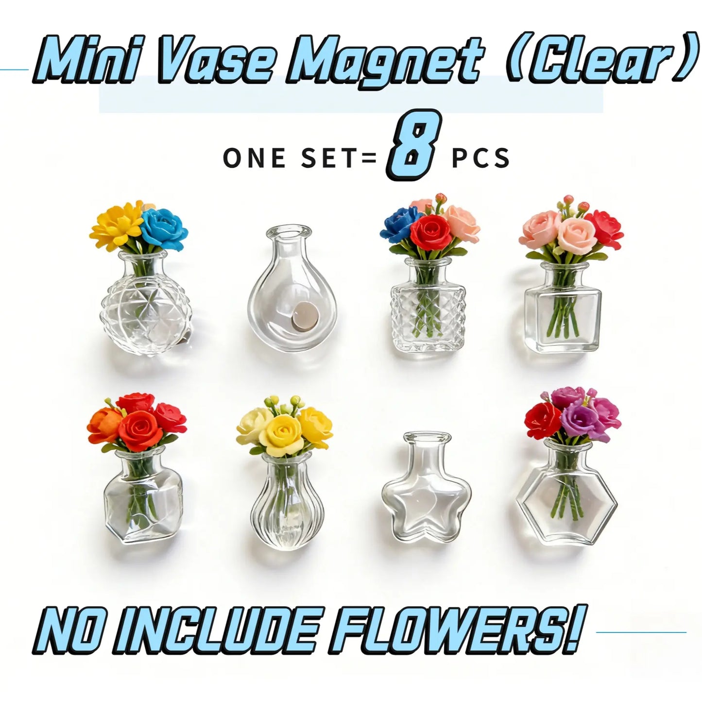 Transparent Mini Vase Fridge Magnets (8-Piece Set) - Nordic & Chinese Minimalist Style, Safe & Shatterproof Resin + Glass Decor, Perfect for Kitchen, Office & Gifts, Handmade in Jingdezhen, CN
