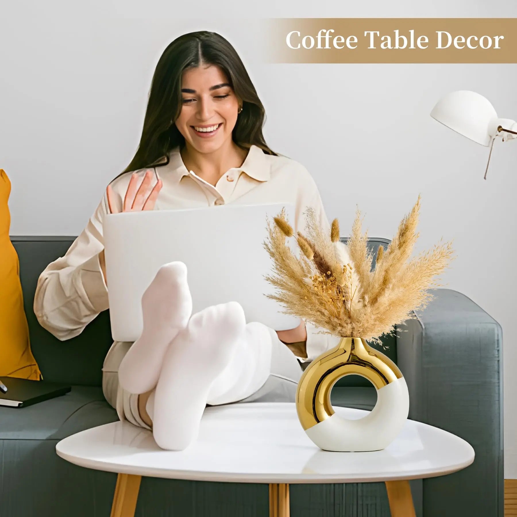 Contemporary Bohemian Ceramic Ellipse Vase - Elegant Living Room Decor for Coffee Tables, Dried Flower Arrangement for Roses & Reeds, Perfect for Special Occasions, Spring Home Accessory