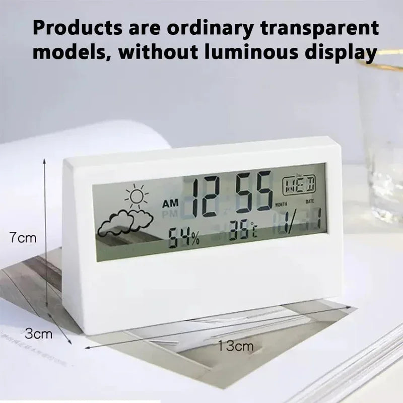 LCD Desktop Alarm Clock with Clear Calendar, Weather Forecast, Digital Temperature, and Humidity Monitoring for Smart Home Integration