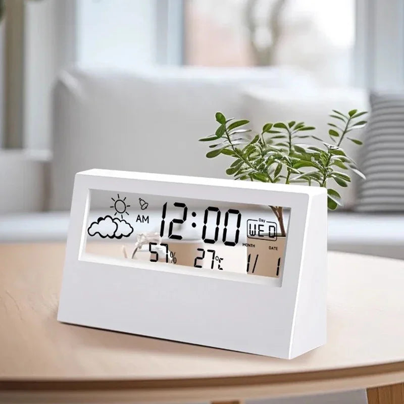 LCD Desktop Alarm Clock with Clear Calendar, Weather Forecast, Digital Temperature, and Humidity Monitoring for Smart Home Integration