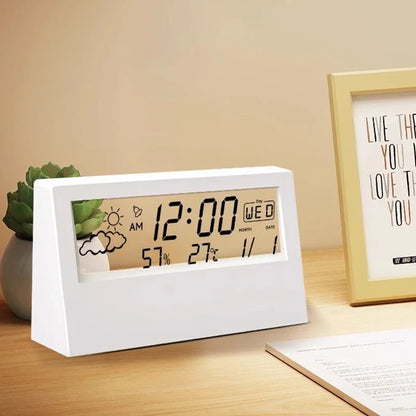 LCD Desktop Alarm Clock with Clear Calendar, Weather Forecast, Digital Temperature, and Humidity Monitoring for Smart Home Integration