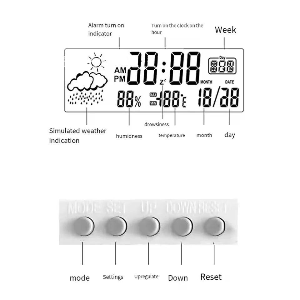 LCD Desktop Alarm Clock with Clear Calendar, Weather Forecast, Digital Temperature, and Humidity Monitoring for Smart Home Integration